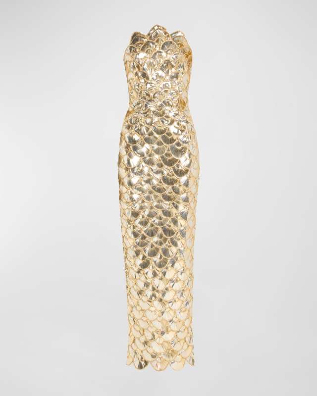 Strapless Sequined Scallop Column Gown